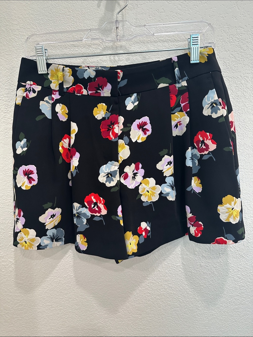 Ann Taylor Floral Pleated Black Shorts with Multi-Color Blooms
